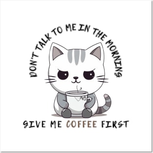 Caffeine & Cuddles - Cozy Cat with Coffee Cup Design Posters and Art